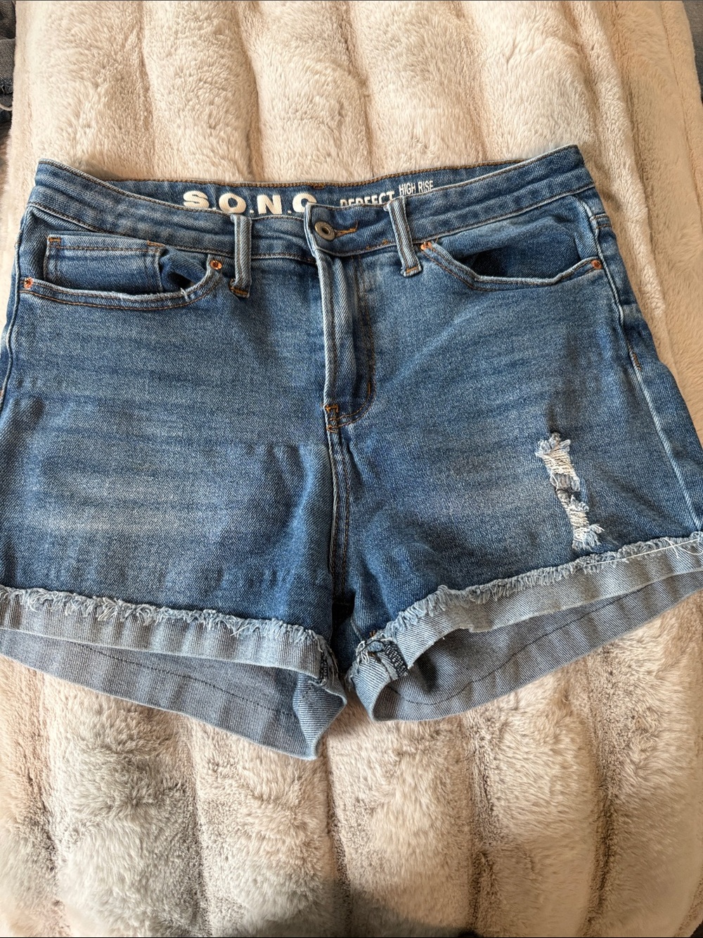 S.O.N.G. High-Rise Distressed Rolled Hem Jean Shorts - Medium Blue